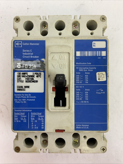 CUTLER HAMMER FD3150L CIRCUIT BREAKER SER C 150AMP 600VAC 250VDC 3POLE FD 25k