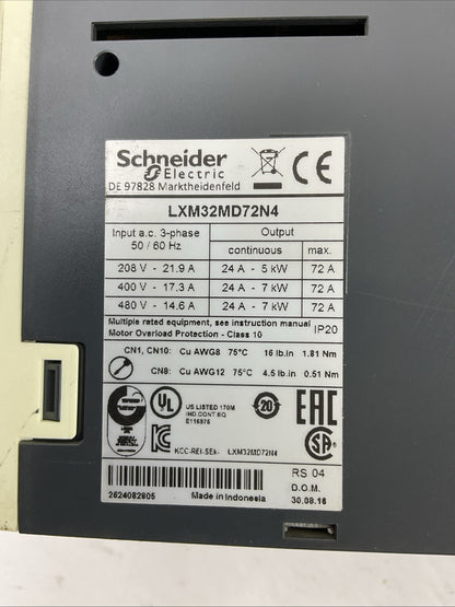 SCHNEIDER ELECTRIC LXM32MD72N4 SERVO DRIVE OUTPUT 24A 7kW INPUT 208/480VAC 3PH