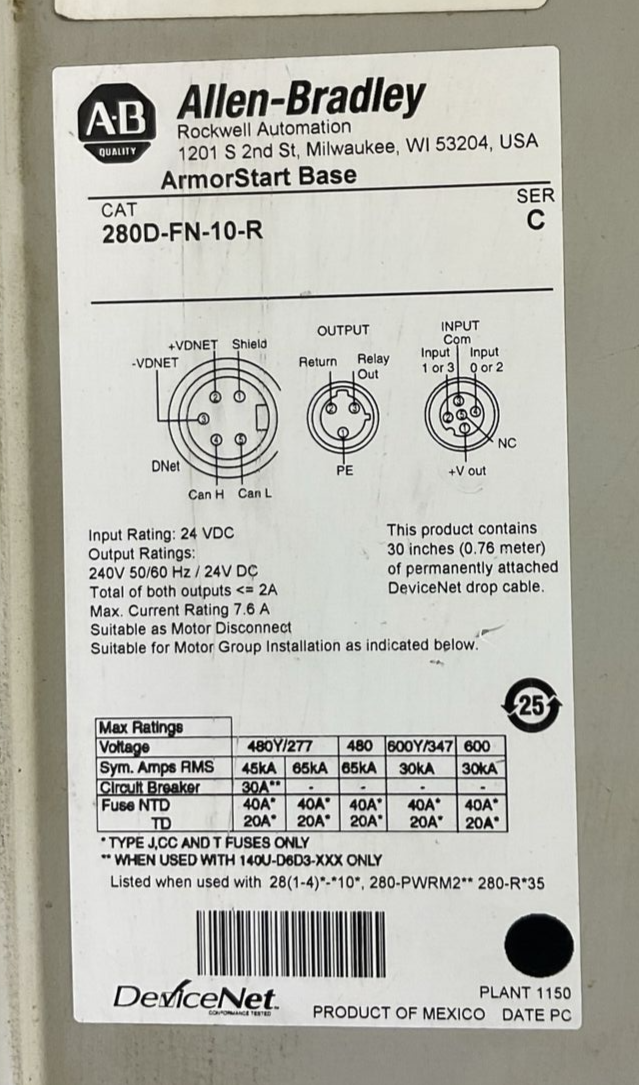 ALLEN BRADLEY 280D-FN-10-R SER C ARMORSTART BASE 280D-F12Z-10C-GRW-3-P1 CONTROL