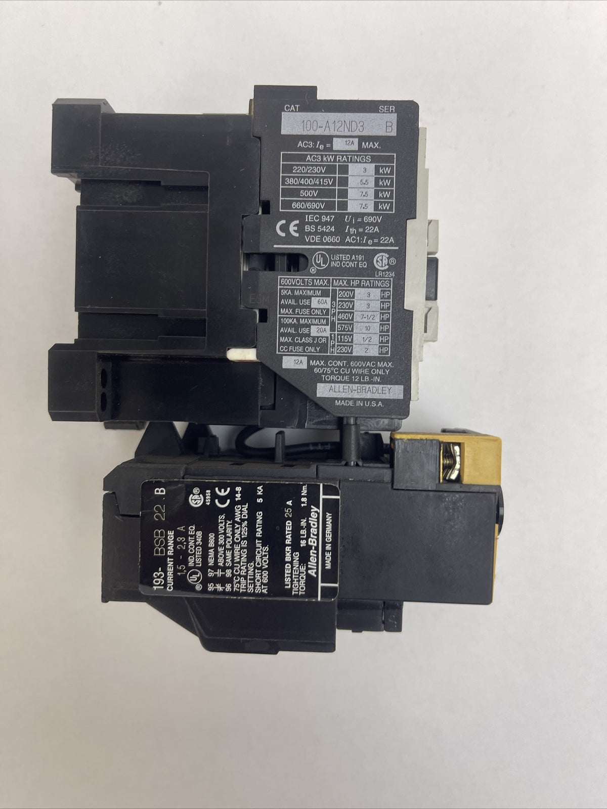 ALLEN BRADLEY STARTER 100-A12ND3 SER B 600VAC 12A 10HP COIL 120V 60HZ 193-BSB 22