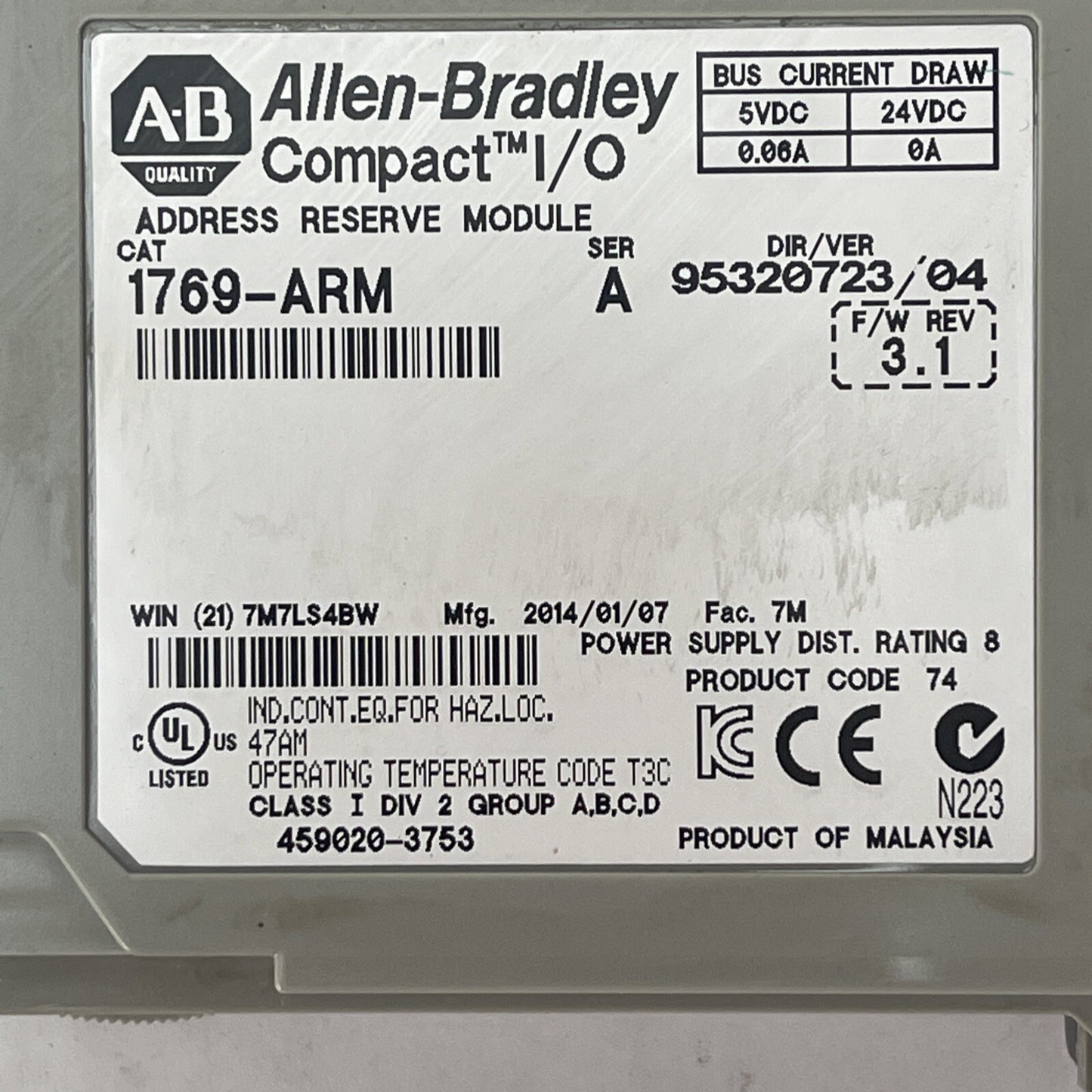 ALLEN BRADLEY COMPACT I/O 1769-ARM SER A F/W REV 3.1 ADDRESS RESERVE MODULE