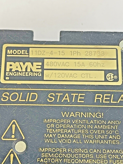 PAYNE ENGINEERING - 11DZ-4-15 - SOLID STATE RELAY - 1Ph, 480 VAC, 15A, 60Hz