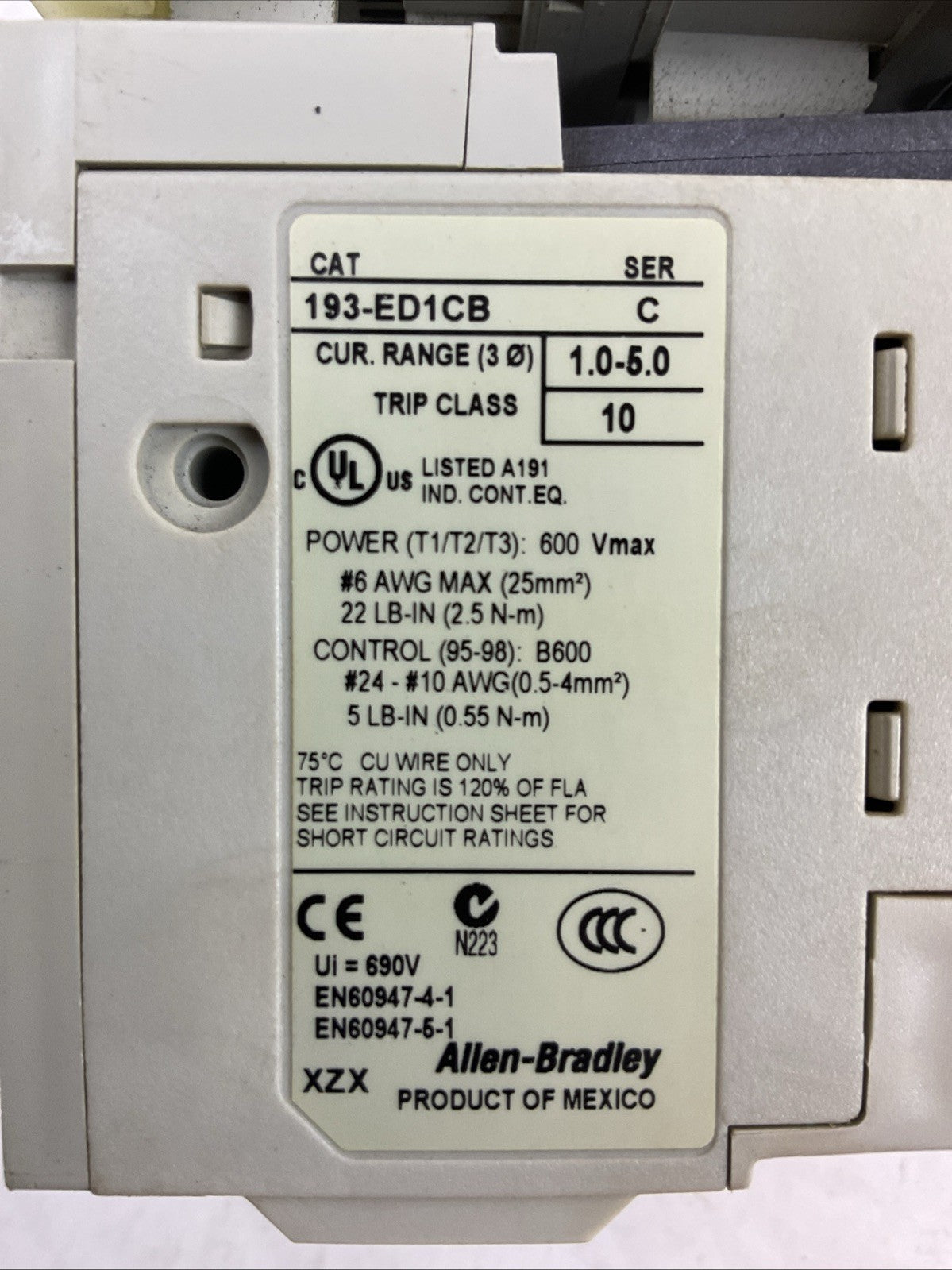 ALLEN BRADLEY STARTER (300-AOE*930 SER C COIL 24VDC + 193-ED1CB 1.0-5.0A SER C)