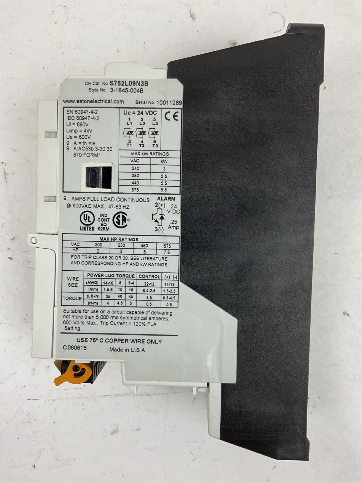 EATON CUTLER HAMMER S752L09N3S 600VAC 9AMPS 7.5HP 3PH SOFT START 24VDC