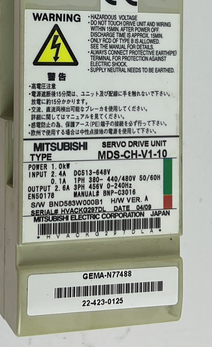 MITSUBISHI MDS-CH-V1-10 SERVO DRIVE UNIT 1KW 648V H/W VER.A 240HZ