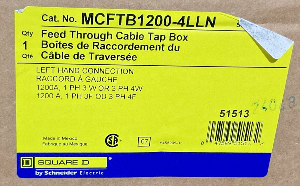 SQUARE D MCFTB1200-4LLN FEED THROUGH CABLE TAP BOX 1200A 1PH LEFT HAND CONNECT