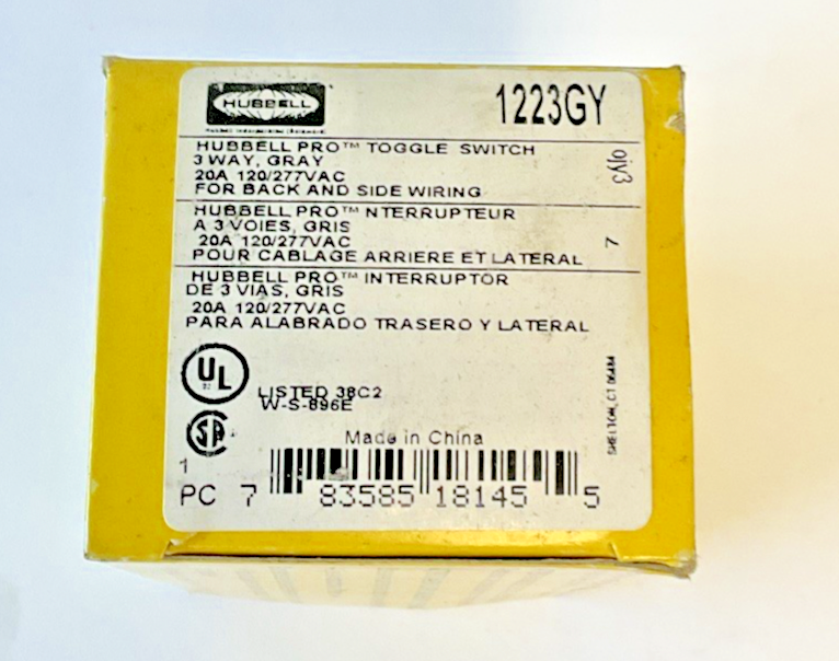 HUBBELL 1223GY TOGGLE SWITCH 3POS. 20A 120/277VAC ***LOTOF3***