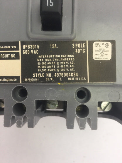 WESTINGHOUSE HFB3015 AB DE-ION CIRCUIT BREAKER 15AMP 600VAC 3 POLE