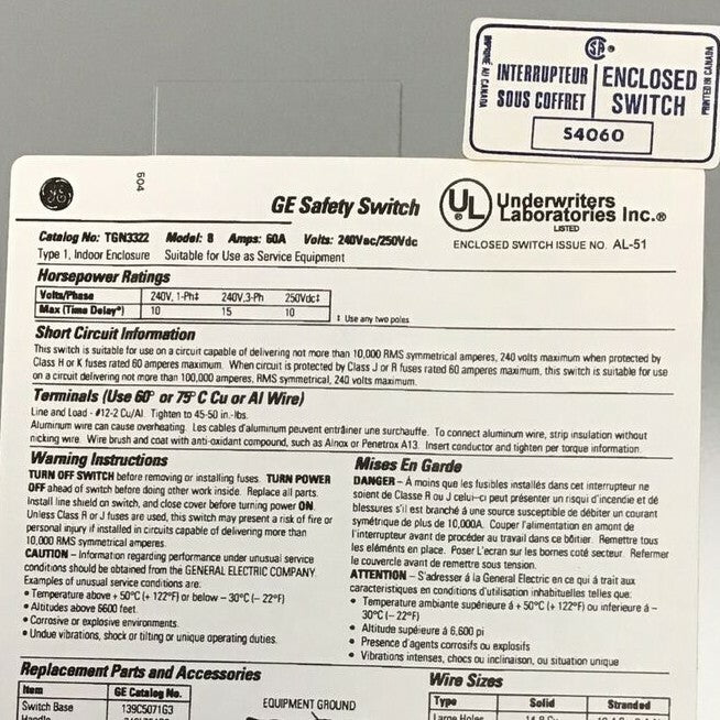 GE TGN3322 SAFETY SWITCH MODEL 8 240VAC/250VDC 60A TYPE 1 NON FUSIBLE 15HP