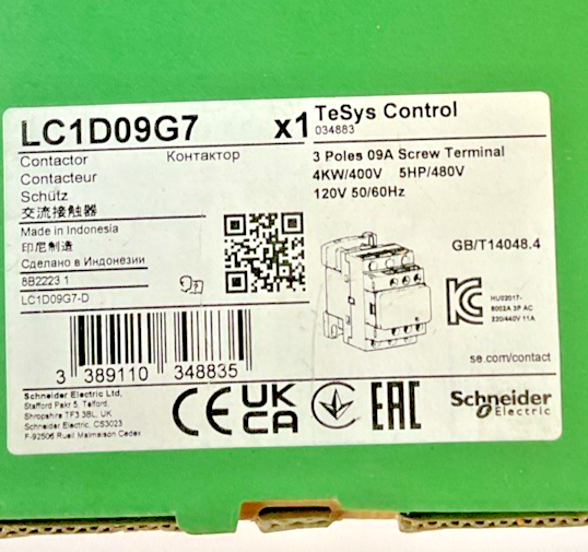 SCHNEIDER ELECTRIC LC1D09G7 CONTACTOR 480V/5HP 120V 50/60HZ 3POLE
