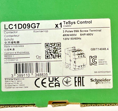 SCHNEIDER ELECTRIC LC1D09G7 CONTACTOR 480V/5HP 120V 50/60HZ 3POLE