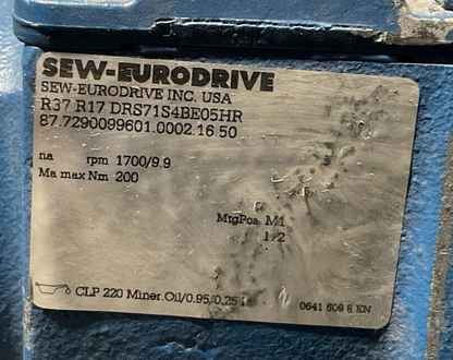 SEW-EURODRIVE R37 R17 DRS71S4BE05HR GEAR MOTOR HZ 60 rpm 1700/9.9 V230/460 YY/Y