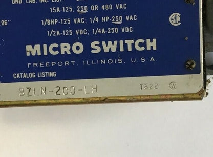 MICRO SWITCH BZLN-200-LH SNAP SWITCH 250-480VAC 15A 250VDC