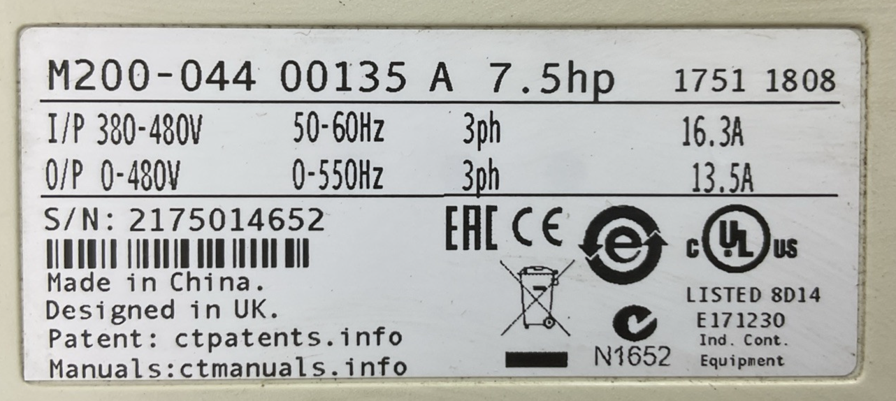 NIDEC CONTROL TECHNIQUES M200-044 00135 A AC DRIVE 7.5HP OUTPUT 0-480VAC 13.5A