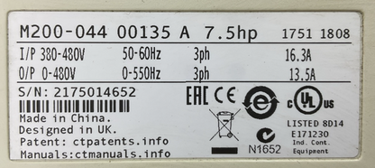 NIDEC CONTROL TECHNIQUES M200-044 00135 A AC DRIVE 7.5HP OUTPUT 0-480VAC 13.5A