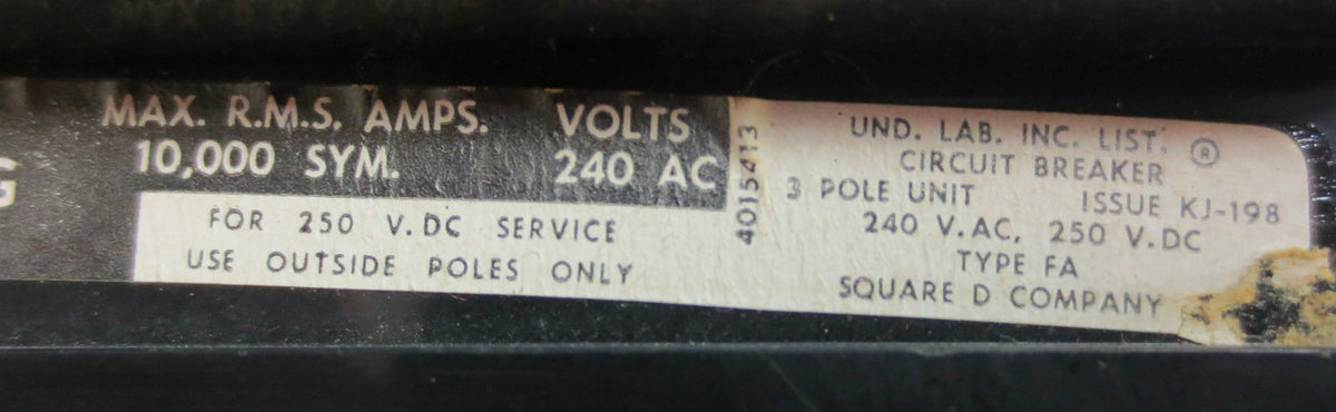 SQUARE D FA-32015 MOLDED CASE CIRCUIT BREAKER 15A 240VAC 3-POLE