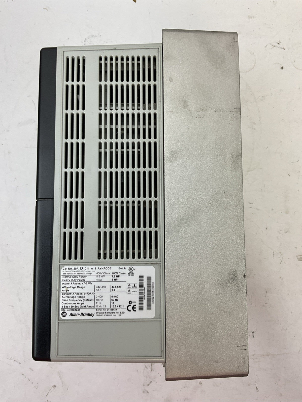 ALLEN BRADLEY 20A D 011 A 3 AYNANC0 POWER FLEX 70 AC DRIVE FIRMWARE 5.001 SER A