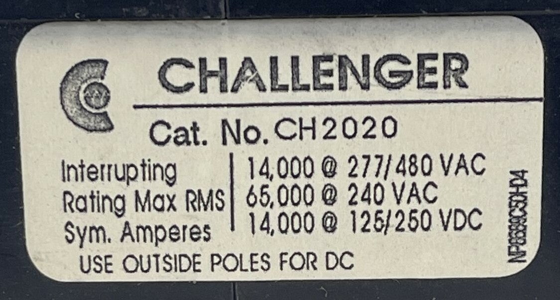 CHALLENGER CH2020 CIRCUIT BREAKER 20AMP 2POLE 277/480VAC 125/250VDC