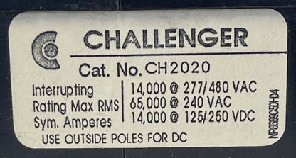 CHALLENGER CH2020 CIRCUIT BREAKER 20AMP 2POLE 277/480VAC 125/250VDC