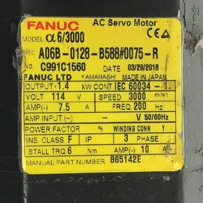 FANUC AO6B-0128-B588#0075-R AC SERVO MOTOR 3PH 7.5A 114V ***PARTS***