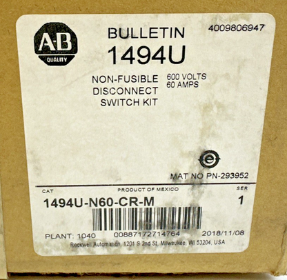 ALLEN BRADLEY 1494U-N60-CR-M NON-FUSIBLE DISCONNECT SWITCH SER.1 600V 60A