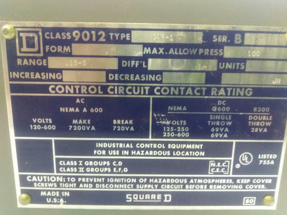 SQUARE D 9012 GAR1 - ELECTROMECHANICAL PRESSURE SWITCH - NEW SURPLUS