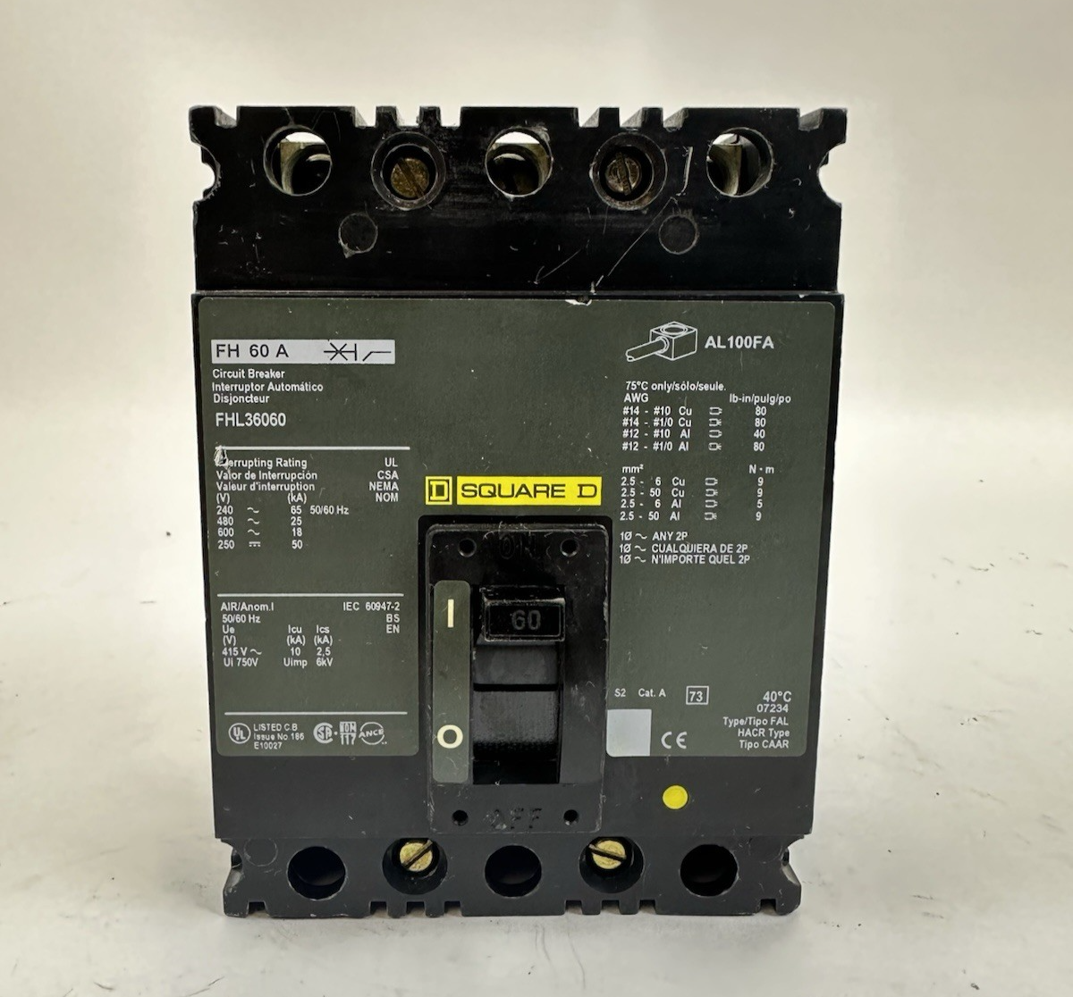 SQUARE D FHL36060 3 POLE MOLDED CASE CIRCUIT BREAKER 60A 600VAC 250VDC