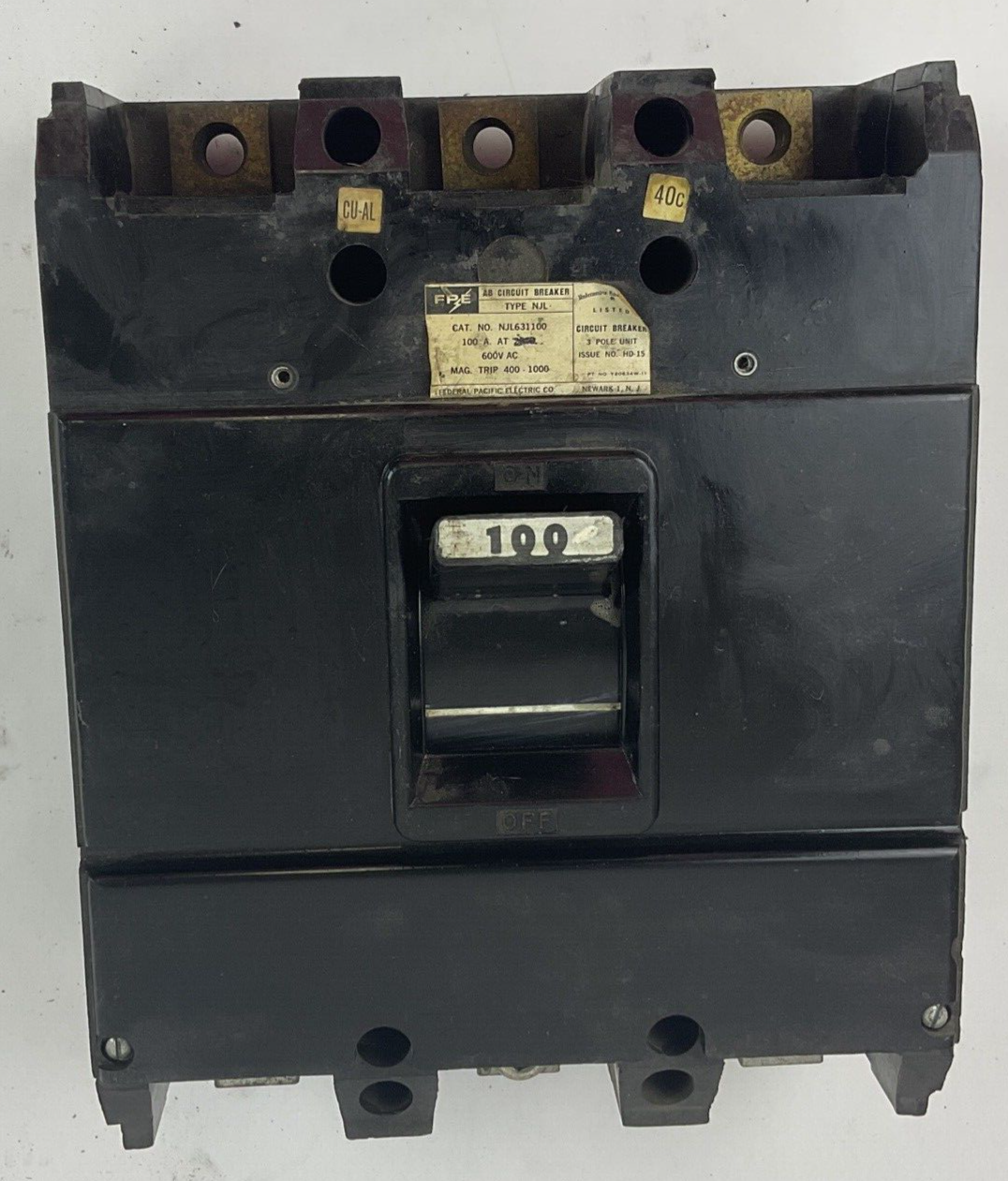 FEDERAL PACIFIC NJL631100 CIRCUIT BREAKER 600VAC MAG. TRIP 400-1000 3POLE 100A
