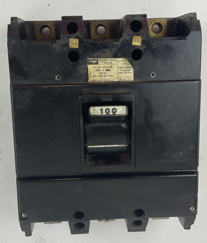 FEDERAL PACIFIC NJL631100 CIRCUIT BREAKER 600VAC MAG. TRIP 400-1000 3POLE 100A