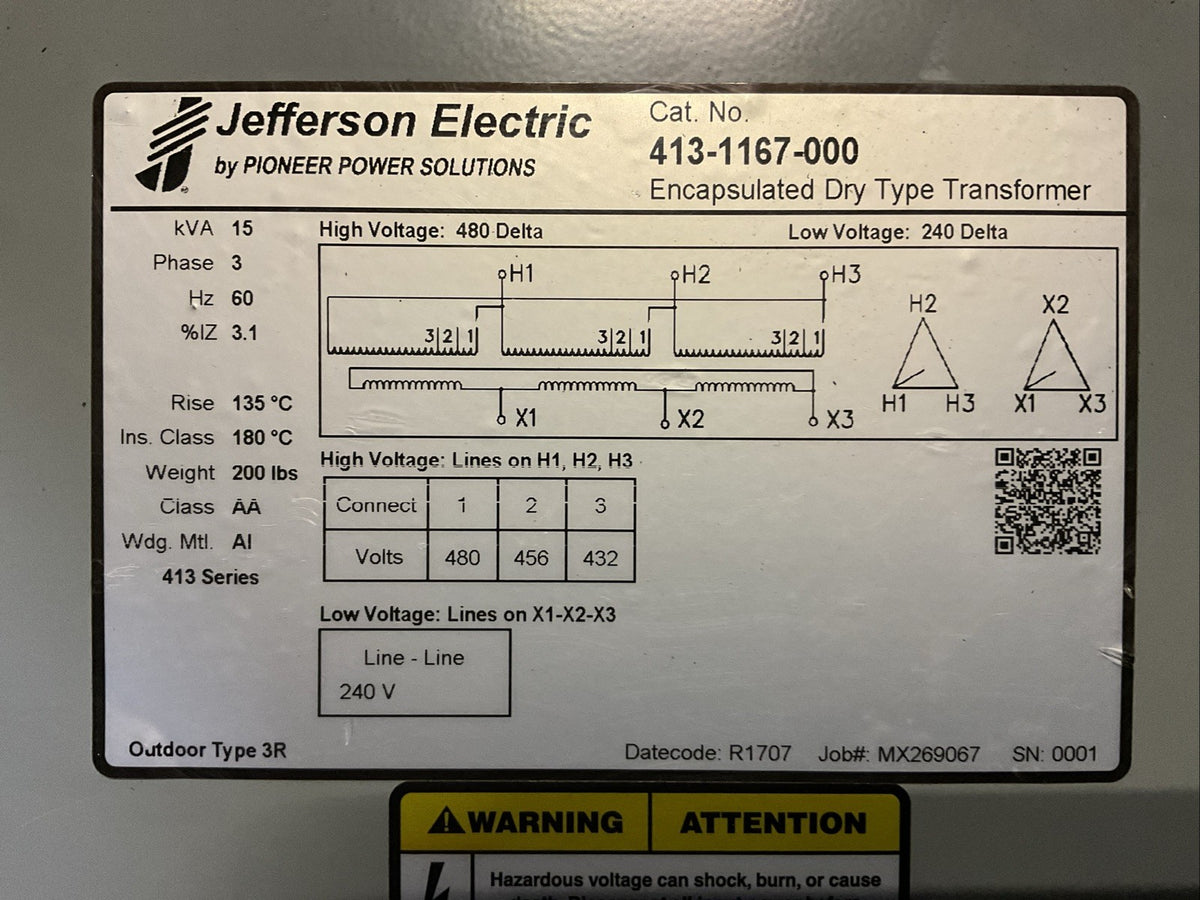 JEFFERSON ELECTRIC 413-1167-000 15KVA 3PH 60HZ HIGH VOLTAGE 480 DELTA LOW VOLTAG