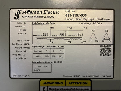 JEFFERSON ELECTRIC 413-1167-000 15KVA 3PH 60HZ HIGH VOLTAGE 480 DELTA LOW VOLTAG