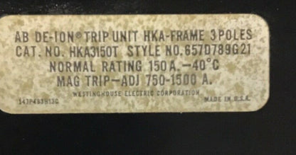 WESTINGHOUSE HKA3150T TRIP UNIT 150A 3POLE HKA-FRAME