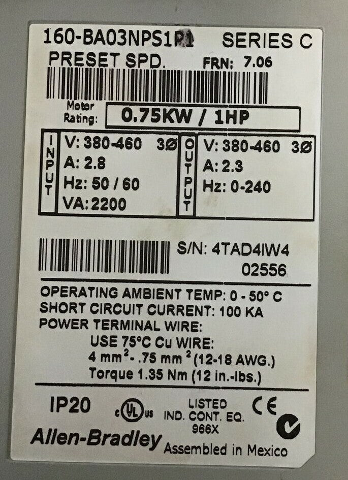 ALLEN BRADLEY 160-BA03NPS1P1 SPEED CONTROLLER SERIES C FRN:7.06 0.75KW/1HP 460V