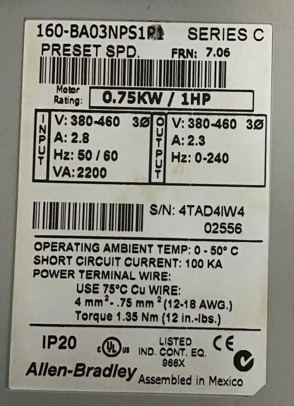 ALLEN BRADLEY 160-BA03NPS1P1 SPEED CONTROLLER SERIES C FRN:7.06 0.75KW/1HP 460V