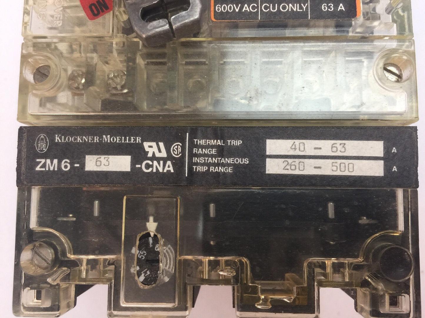KLOCKNER MOELLER NZMH6-63 CIRCUIT BREAKER 600VAC 63A ZM6-63-CNA THERMAL TRIP