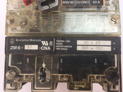 KLOCKNER MOELLER NZMH6-63 CIRCUIT BREAKER 600VAC 63A ZM6-63-CNA THERMAL TRIP