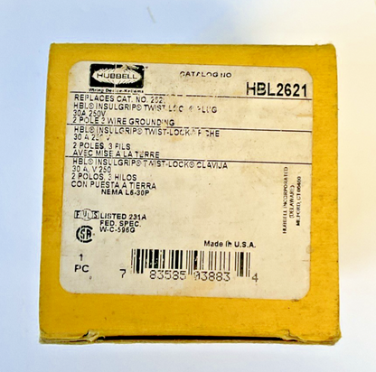 HUBBELL HBL2621 TWIST LOCK PLUG 30A 250V 2POLE 3WIRE***LOTOF2***
