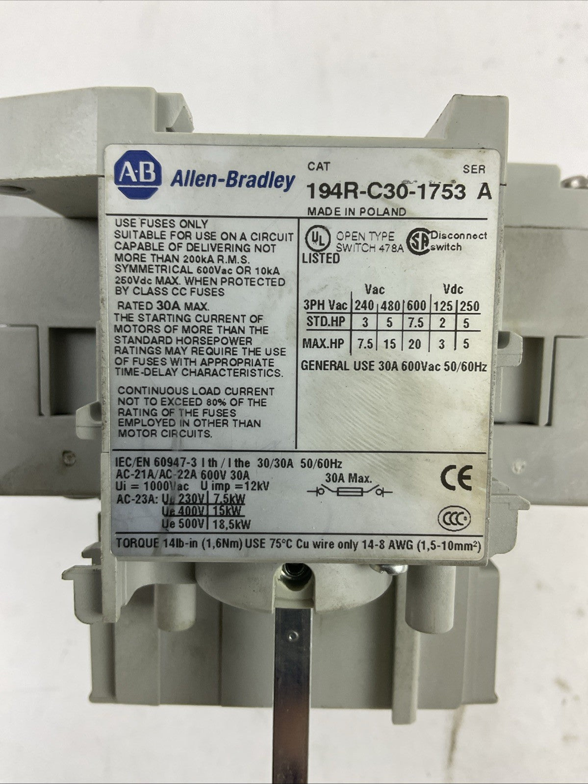 ALLEN BRADLEY 194R-C30-1753 SER A 30A 600VAC 20HP 3PH 250VDC 5HP 194R-PY SER A