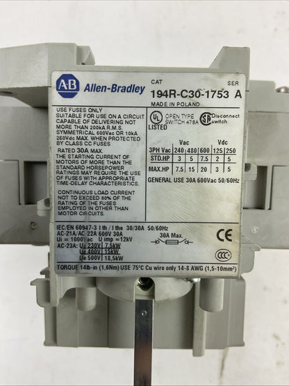ALLEN BRADLEY 194R-C30-1753 SER A 30A 600VAC 20HP 3PH 250VDC 5HP 194R-PY SER A