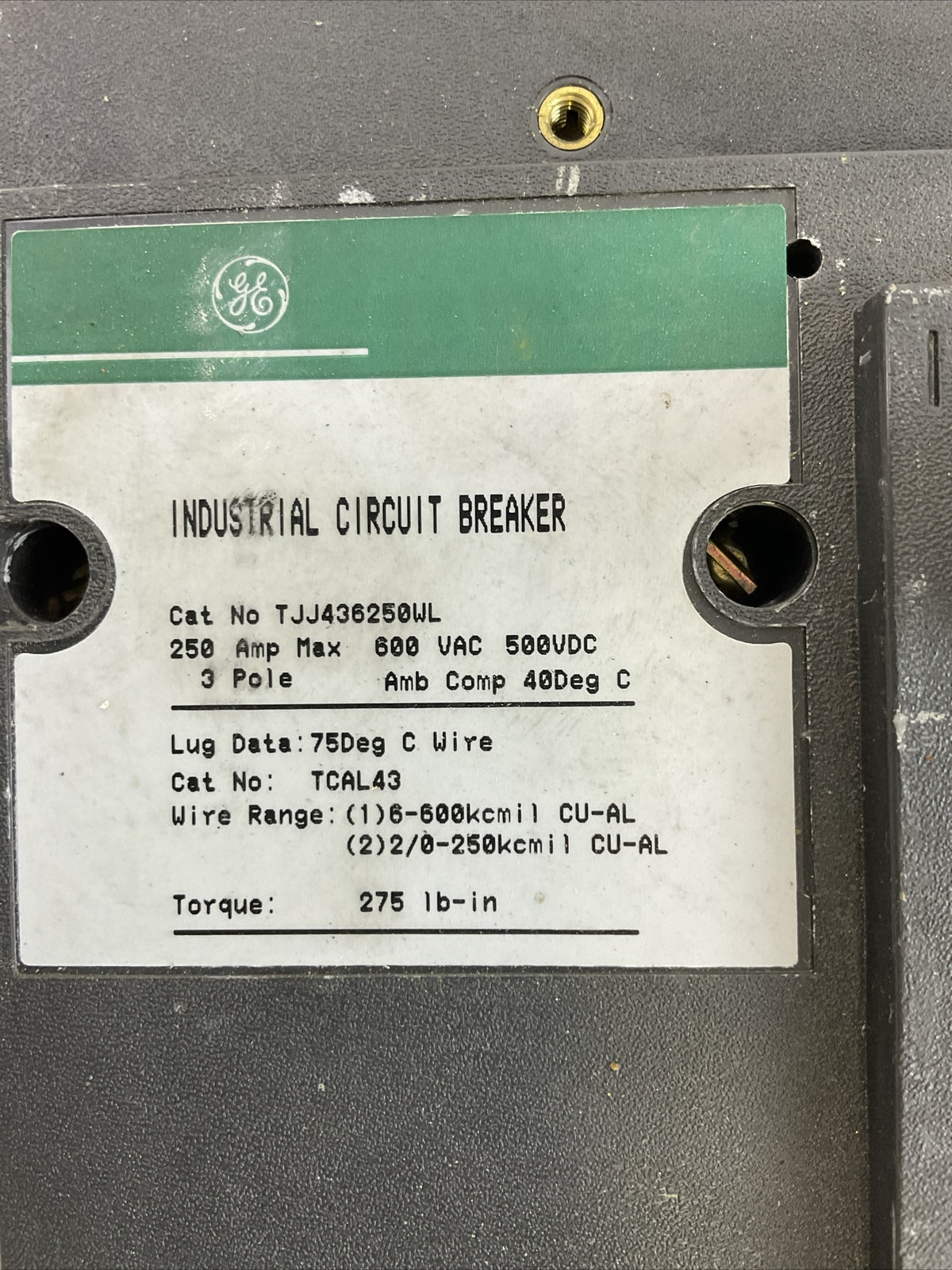 GE TJJ436250WL INDUSTRIAL CIRCUIT BREAKER 250AMP 600VAC 500VDC 3POLE