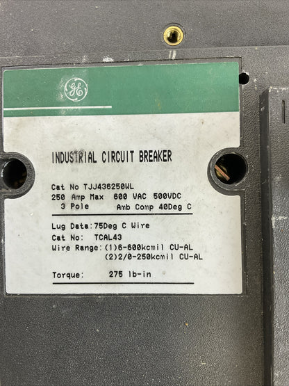GE TJJ436250WL INDUSTRIAL CIRCUIT BREAKER 250AMP 600VAC 500VDC 3POLE