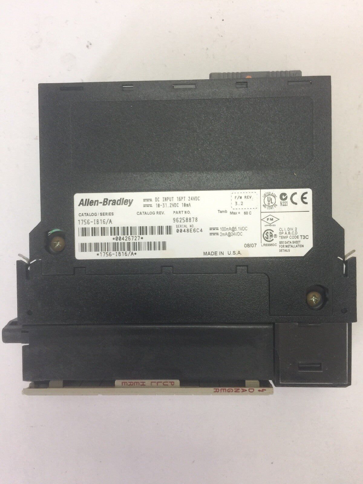 ALLEN BRADLEY 1756-IB16/A DC INPUT 16PT 24VDC SER A F/W REV. 3.2