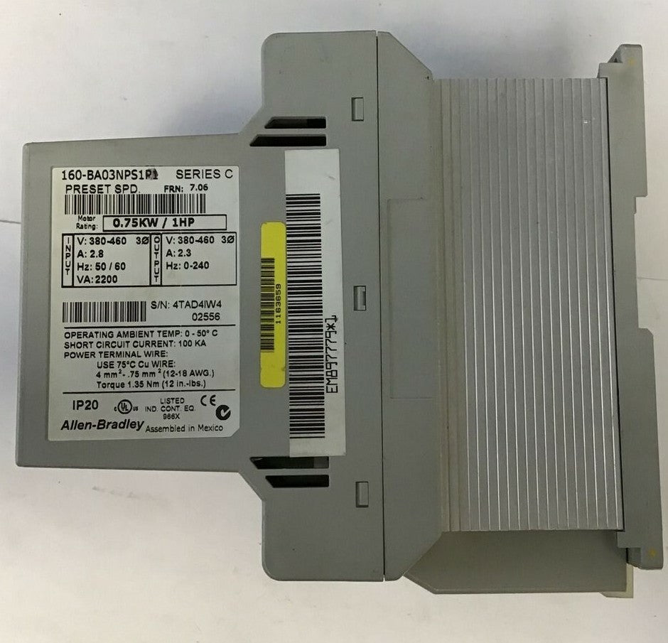 ALLEN BRADLEY 160-BA03NPS1P1 SPEED CONTROLLER SERIES C FRN:7.06 0.75KW/1HP 460V