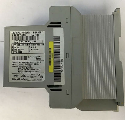 ALLEN BRADLEY 160-BA03NPS1P1 SPEED CONTROLLER SERIES C FRN:7.06 0.75KW/1HP 460V