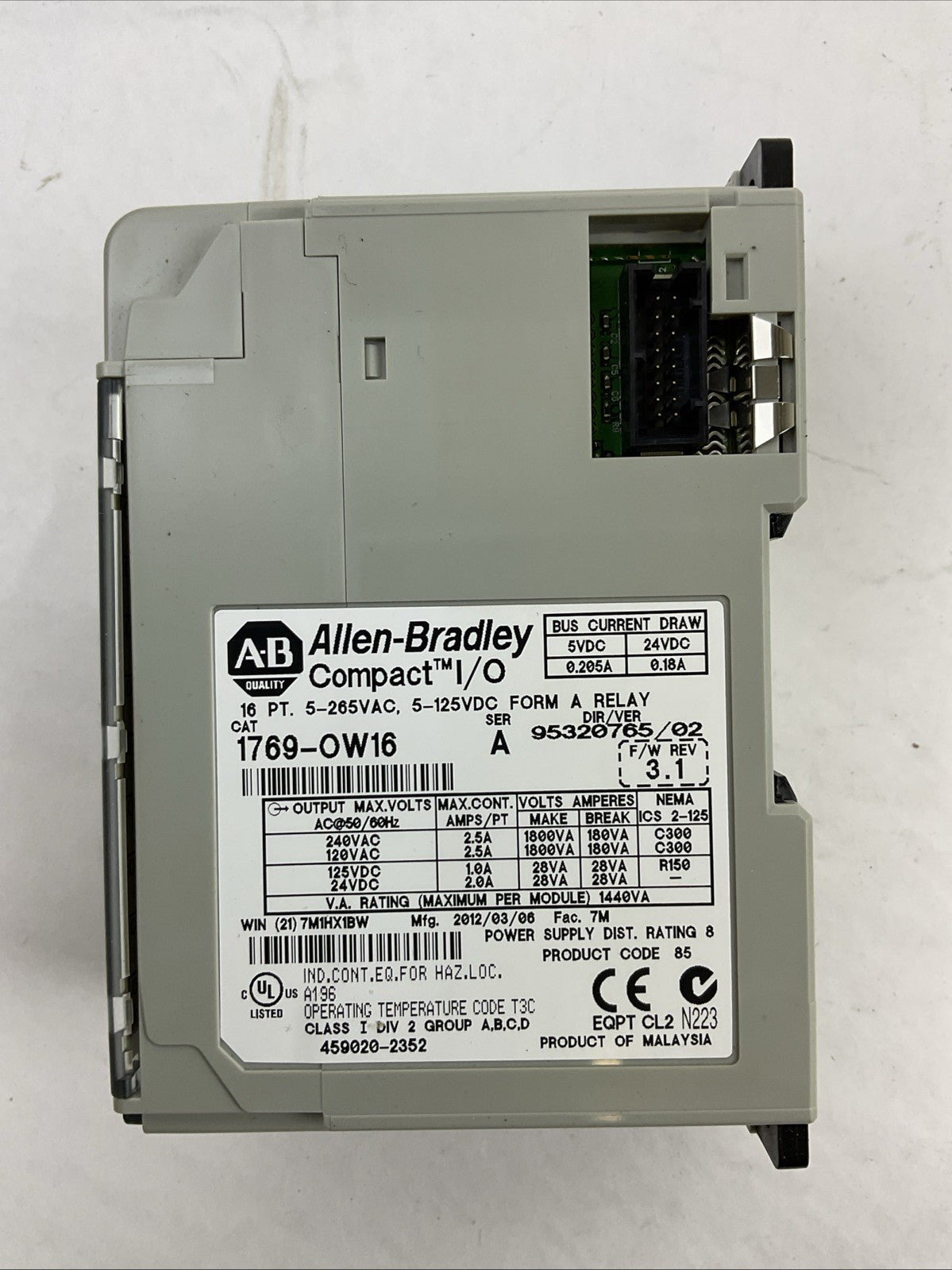 ALLEN BRADLEY 1769-OW16 SER A F/W REV 3.1 DIR/VER 95320765/02 16PT FORM A RELAY