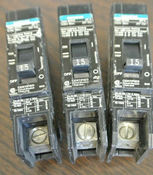 SIEMENS BQD6115 BOLT-ON CIRCUIT BREAKER 15A  347VAC  1-POLE ***LOTOF3***