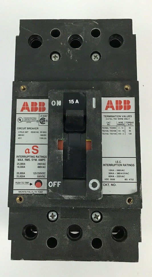 ABB UXAB 727131 R 101 15AMP CIRCUIT BREAKER 500VDC 3POLE TYPE ES 480VAC