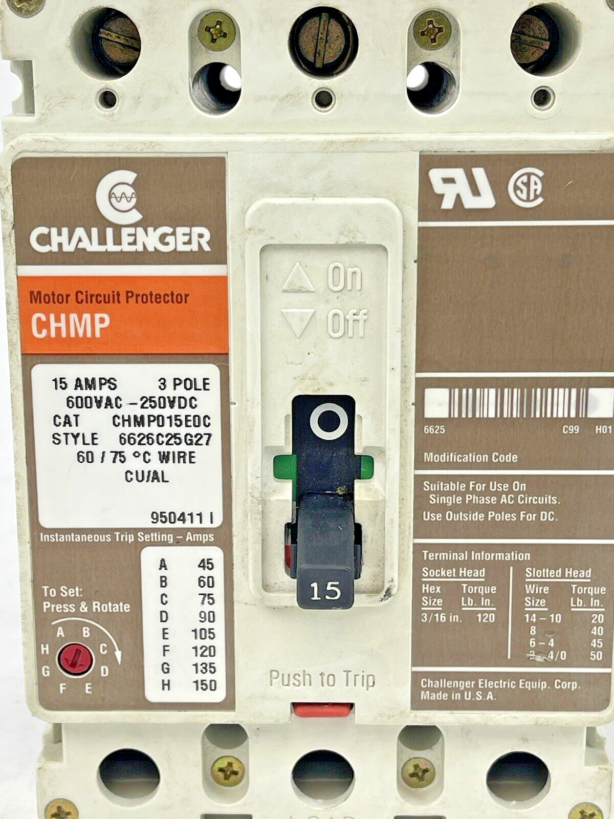 CHALLENGER - CHMP015E0C, MOTOR CIRCUIT PROTECTION BREAKER, 15 A, 3 Pole, 600 VAC