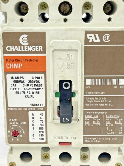 CHALLENGER - CHMP015E0C, MOTOR CIRCUIT PROTECTION BREAKER, 15 A, 3 Pole, 600 VAC