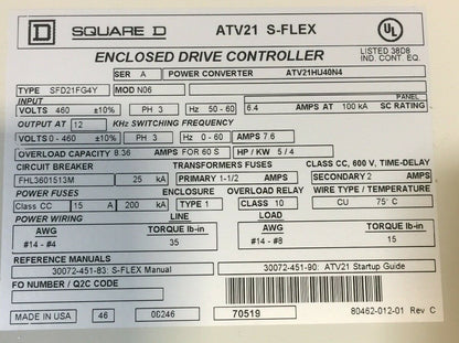 SQUARE D SFD21FG4Y S-FLEX FAN & PUMP DRIVE SER A MOD N06 460V 60HZ ATV21HU40N4